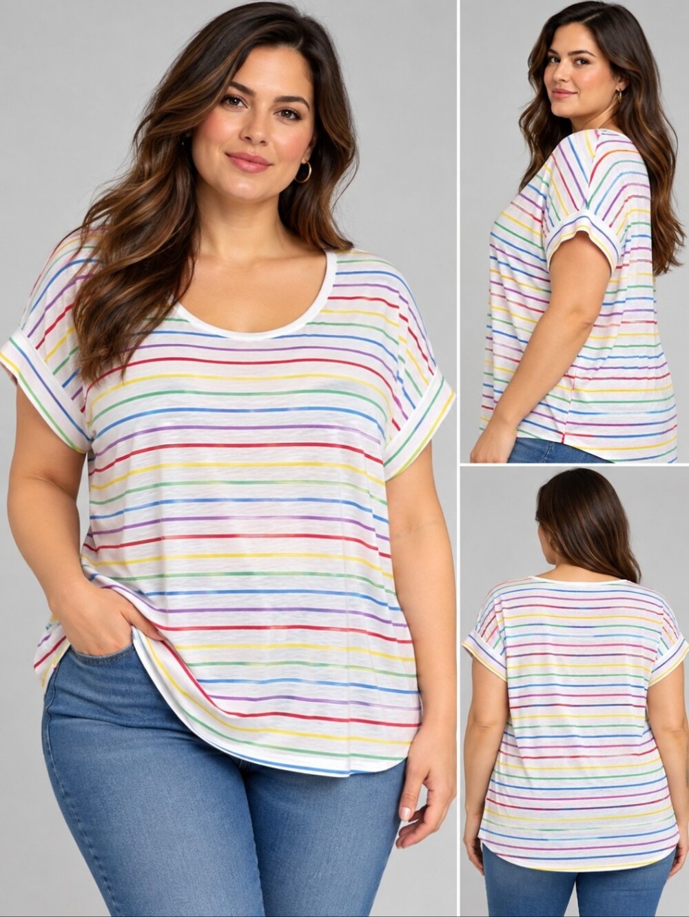 Lane Bryant 22/24 NWT Rainbow Stripe Dolman Sleeve Tee White Cotton Blend Plus